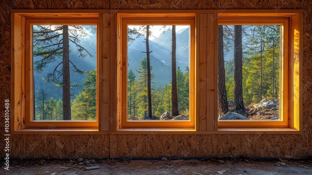Poster sunlight streams through three large windows in a rustic cabin, offering a stunning view of mountain