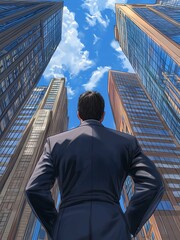 Fototapeta premium Businessman Looking Up at Skyscrapers Under a Clear Sky