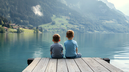 Heartwarming scene of two boys enjoying a peaceful moment by a lake, celebrating true connection and friendship
