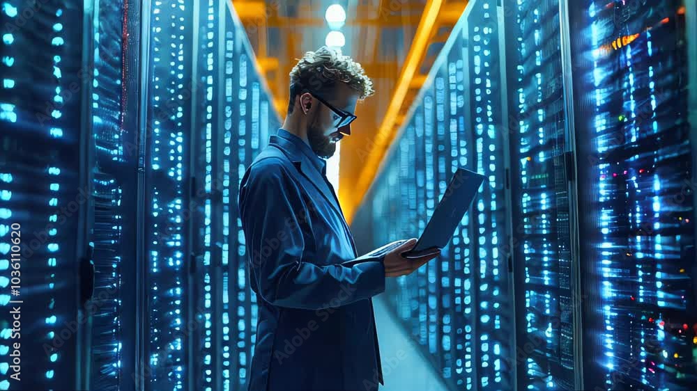 Poster businessman with a laptop in a futuristic data center. surrounded by illuminated servers and glowing