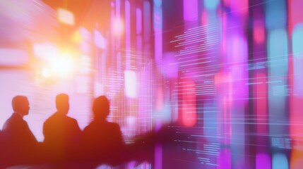 Naklejka premium Thriving Success: Enthusiastic Professionals in Vibrant Brainstorming Session Surrounded by Colorful Charts and Graphs Under Cinematic Light