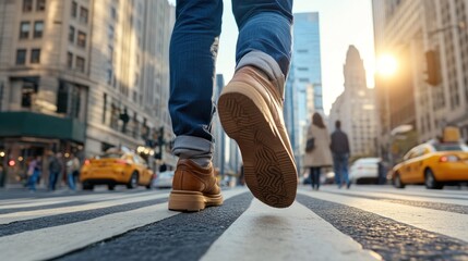 A lone individual strides across a busy crosswalk in the heart of a city during sunset, with tall...