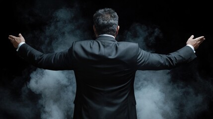 The man wearing a tailored black suit gestures with arms wide open, surrounded by swirling smoke, conveying a powerful and confident emotion in an artistic setting