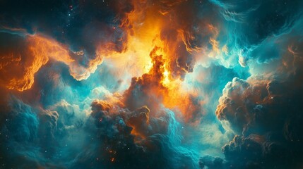 Nuvole dai colori vibranti blu e arancioni, che si fondono creando un effetto surreale di vortici e esplosioni di luce.