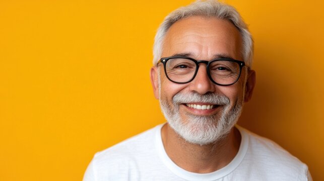Fr&ouml;hlicher &auml;lterer Mann mit Brille, der vor leuchtend gelbem Hintergrund l&auml;chelt, um positive Medien zu nutzen