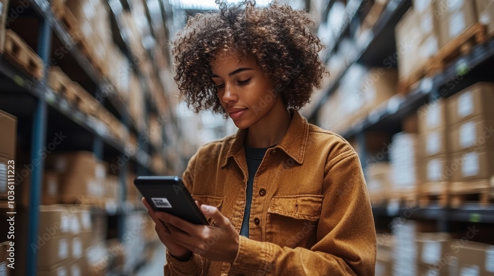 Poster warehouse worker using a barcode scanner to track inventory, highlighting the role of digital tools 