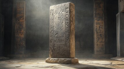 Ancient monolith featuring Egyptian hieroglyphics and historical scripts A significant stone artifact from a past civilization