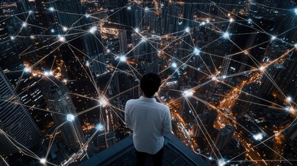 A businessman stands on a rooftop, engaging with social media icons against a stunning cyberpunk city skyline illuminated at night.