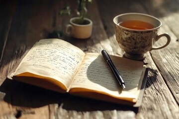 A photorealistic close-up of a neatly opened journal on a wooden table, next to a cup of tea