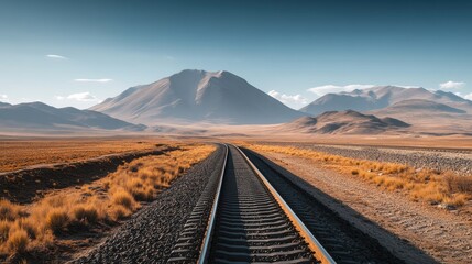 Naklejka premium Railway track winding towards mountains beneath a clear sky ideal for themes of travel adventure and transportation design