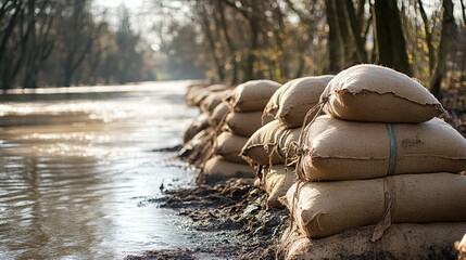 Sandbags used for flood protection surrounded by flooded trees and pathways illustrating high water levels and the impact of climate change