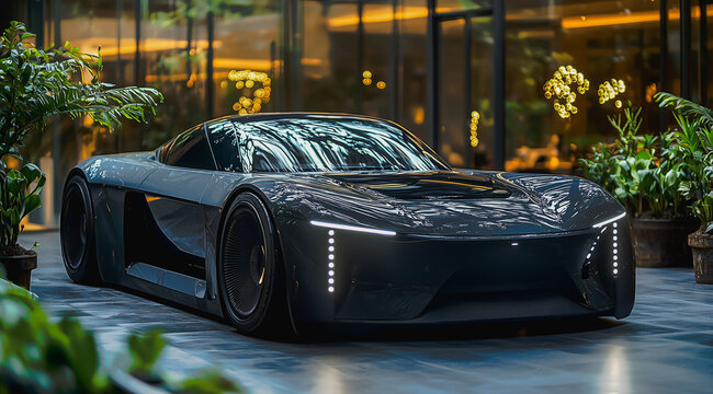 Sleek black hypercar parked in a modern indoor garden setting.
