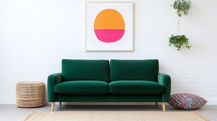 Green velvet sofa, modern living room decor, abstract art on wall, indoor plants, cozy and stylish, minimalistic furniture arrangement, bright and airy interior, bohemian touch

