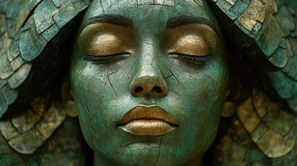 A serene figure rests with closed eyes, her face adorned with intricate green leaf-like makeup that evokes a connection to nature, showcasing creativity and artistry