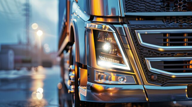 A detailed view of a truck's front grille and headlights, with reflections of the surrounding environment, Urban setting with sleek design