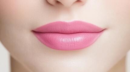 Obraz premium Close-up of pink lips, soft and smooth texture, minimal makeup, natural lip color, beauty and skincare, feminine aesthetic, fresh look, pastel tones, clean background