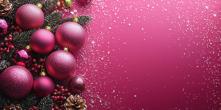 Pink Christmas decorations arranged on a snow-dusted background with space for text.
