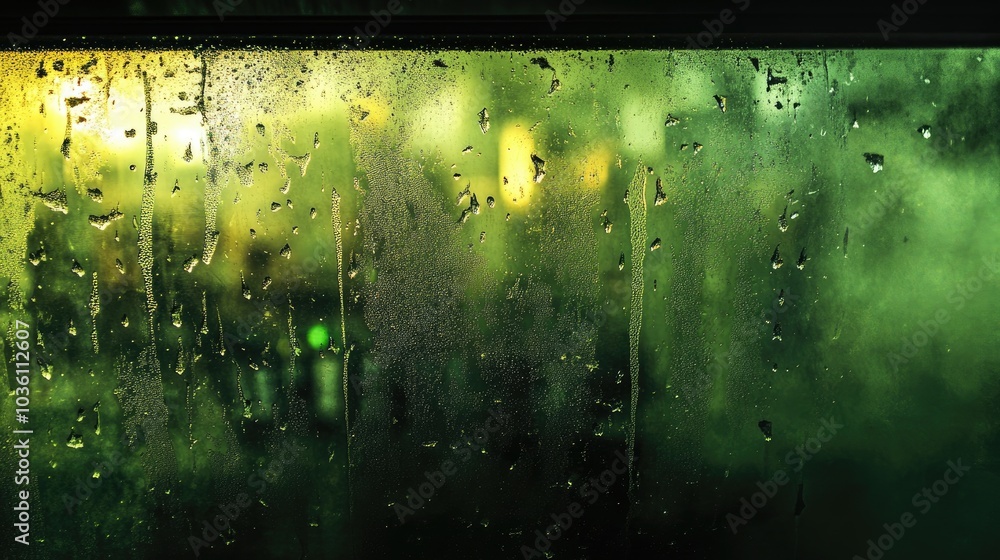 Poster wet glass on a bus window featuring a blurred green backdrop creating an abstract visual of steam an