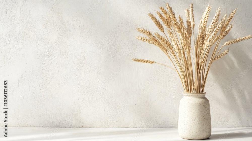 Poster stalks of fresh wheat arranged in a vase on a light surface with ample space for text