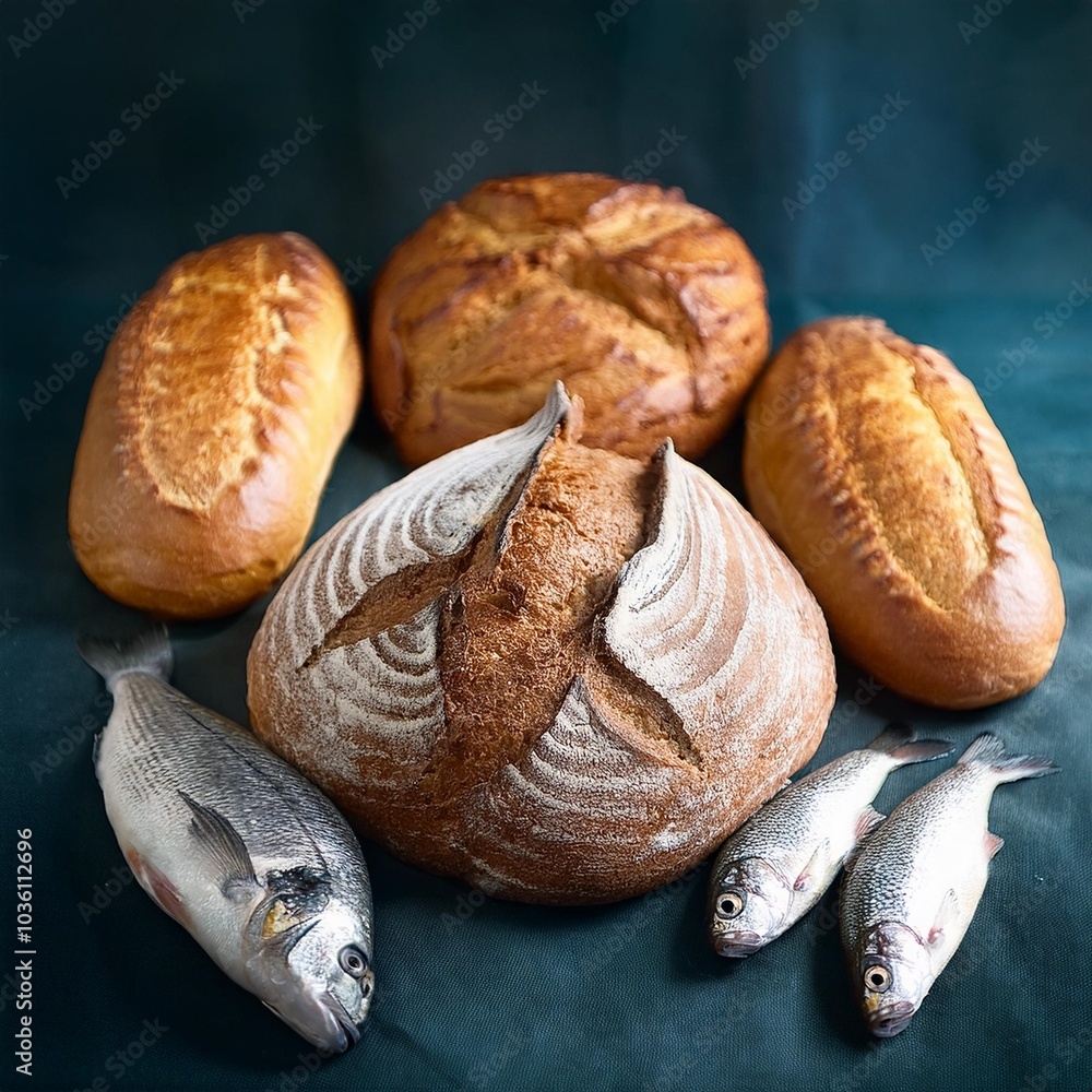 Wall mural catholic still life of five loaves of bread and two fish