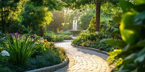 Obraz premium A quiet, peaceful stone path winding through a lush garden with tall green trees