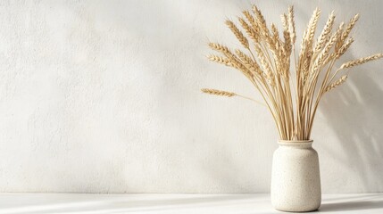 Stalks of fresh wheat arranged in a vase on a light surface with ample space for text