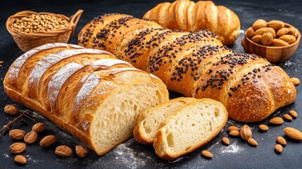 A selection of golden-brown bread loaves freshly baked, showcasing different toppings like sesame and chocolate, surrounded by almonds and grains on a dark wooden table