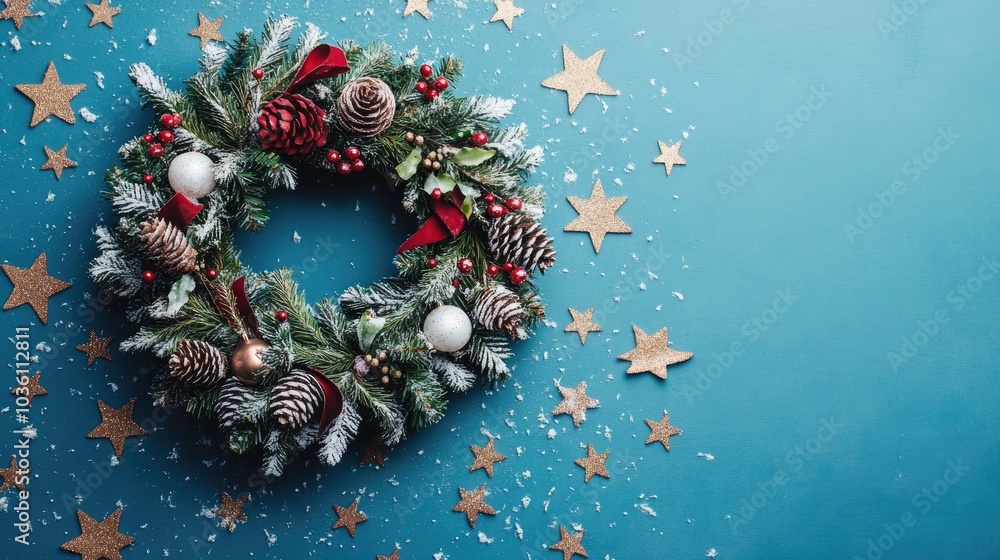 Poster rustic christmas wreath adorned with decorations on a blue star patterned background displayed in a 