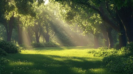 Obraz premium Sunlight filters through the trees illuminating a grassy clearing embraced by lush greenery and tranquil surroundings
