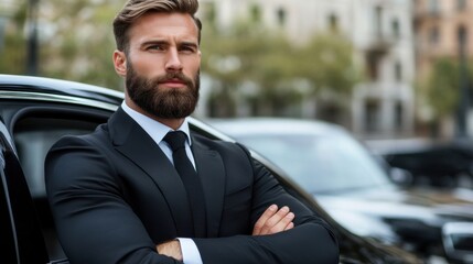Professioneller Chauffeur in der Nähe von Luxusautos für den Transport von Führungskräften