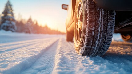 Leaving tread marks in winter conditions, close-up of car tires on a snowy, icy road