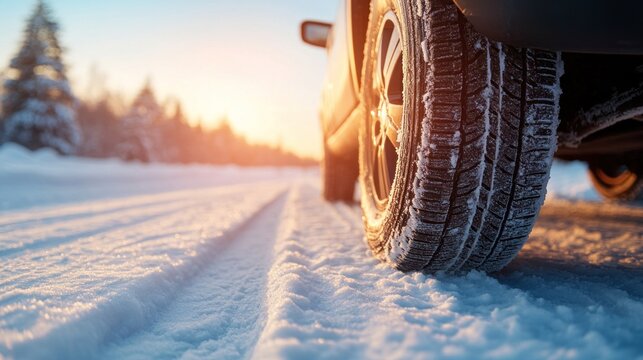 Leaving tread marks in winter conditions, close-up of car tires on a snowy, icy road