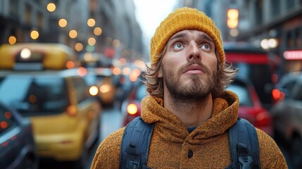 Obraz premium The young man, wearing a warm yellow hat and a cozy sweater, gazes upward at the glowing city lights, surrounded by bustling traffic and urban architecture on a cloudy evening