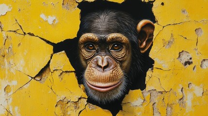 Chimpanzee face breaking through a fractured yellow wall eyes filled with intense curiosity