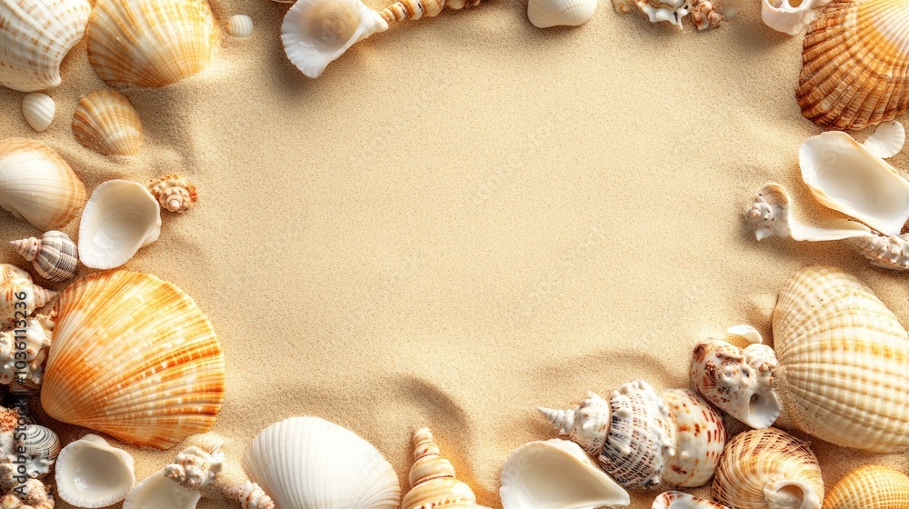 Poster top view of seashells on sandy beach with a blank space for text capturing the essence of summer tra