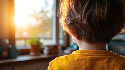 As the sun sets, a child stands quietly, watching the warm golden light fill the room while contemplating the serene beauty of the outdoor landscape
