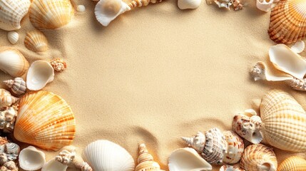Obraz premium Top view of seashells on sandy beach with a blank space for text capturing the essence of summer travel and holiday relaxation themes