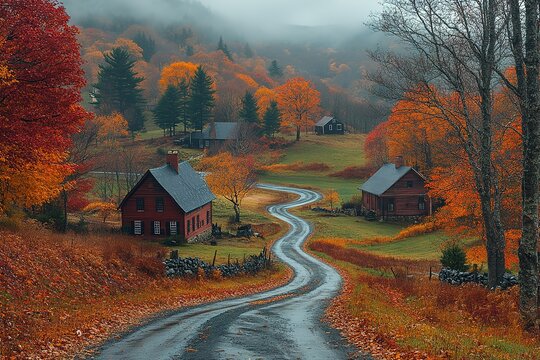 A winding road leads through a picturesque autumnal landscape, with red barns and vibrant foliage.