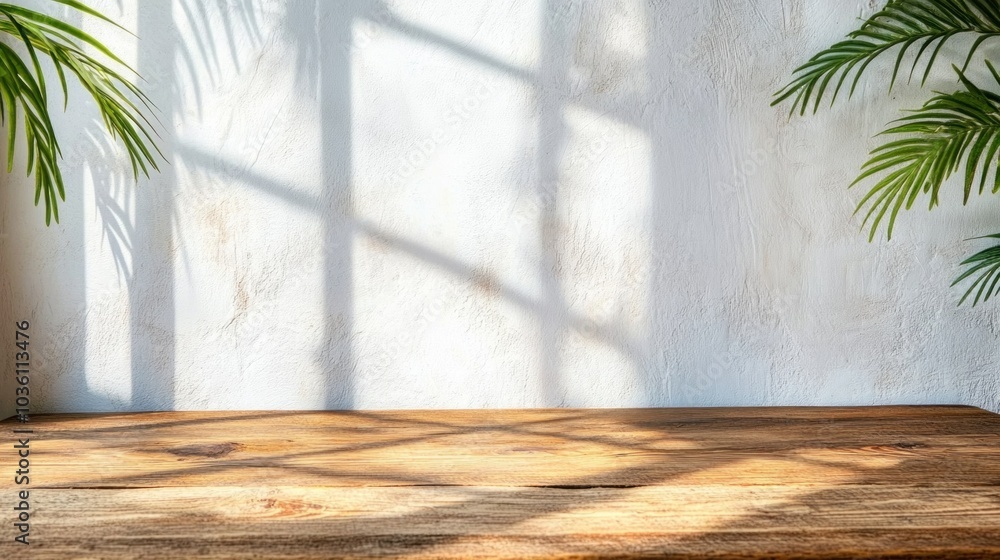 Poster sunlight streams through windows, creating dynamic shadows on a rustic wooden table. lush green palm