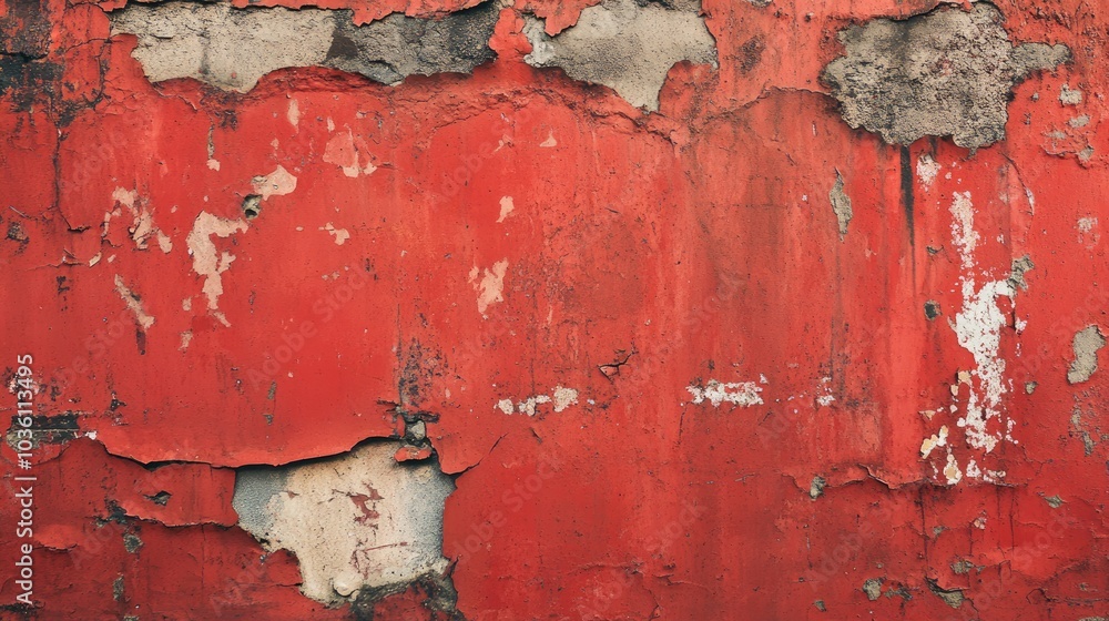 Poster aged cement wall featuring peeling red paint visible cracks and ample empty space for text or graphi
