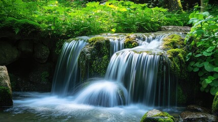 Fototapeta premium A serene waterfall nestled among vibrant green foliage