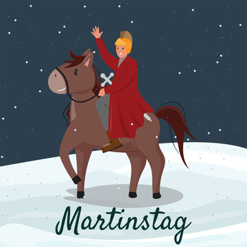 Martinstag scene, man on a horse with sword, symbolizing St. Martins Day, snowy winter setting