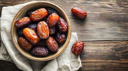 Close up of medjool dates in a bowl on a wooden surface accompanied by a cloth napkin A traditional healthy option for Ramadan fasting suitable for vegan diets