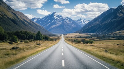 Naklejka premium Tranquil Two Lane Road Approaching Stunning Mountains