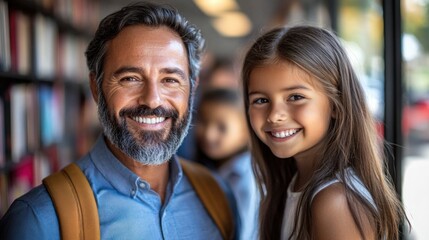 Fototapeta premium A father and daughter stand close, both smiling brightly in a library. The warm atmosphere is enhanced by natural light and a backdrop of bookshelves filled with colorful books