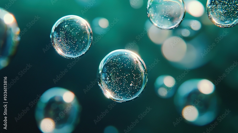 Poster a cluster of bubbles drifting over a vibrant azure and green canvas, with minor bubbles hovering abo
