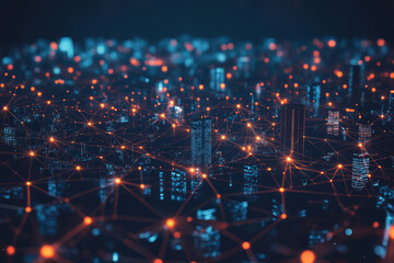 Obraz premium futuristic smart city is illuminated with glowing particle connections, showcasing network of interconnected buildings and technology. vibrant lights create dynamic urban landscape