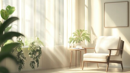 Fototapeta premium A serene, minimalist therapy room with soft natural light streaming through large windows