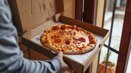 Freshly baked pepperoni pizza in open box by window for takeout or delivery - Powered by Adobe