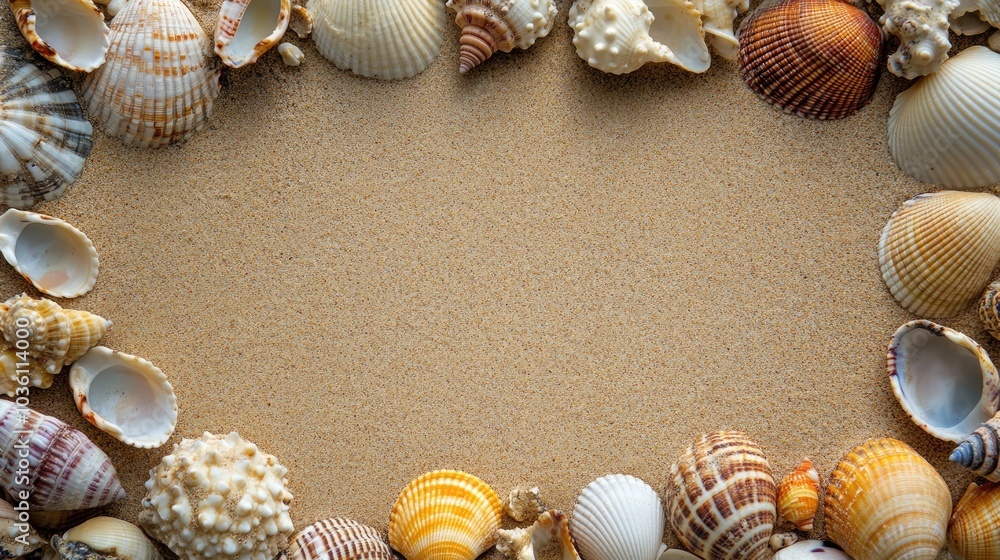 Poster top view of seashells on sandy beach with a blank space for text capturing the essence of summer tra